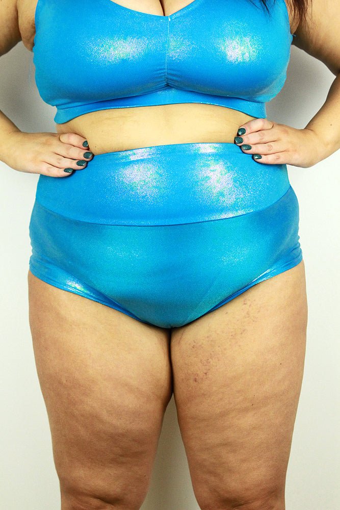 Aqua Sparkle High Waisted Brazil Scrunchie Bum Shorts - Plus Size | Pole Wear - high waisted brazil shorts - plus size - Velvet Door