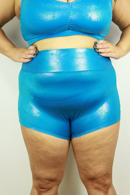 Aqua Sparkle High Waisted Cheeky Shorts - Plus Size - high waisted cheeky shorts - plus size - Velvet Door