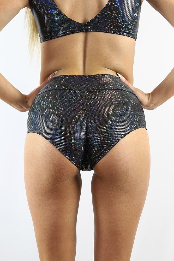 Black Shattered High Waisted Brazil Scrunchie Bum Shorts | Pole Wear - high waisted brazil shorts - Velvet Door