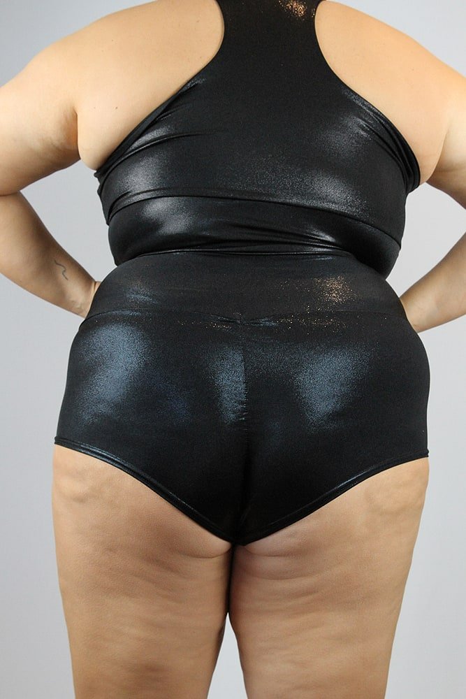 Black Sparkle High Waisted Brazil Scrunchie Bum Shorts  Plus Size | Pole Wear - high waisted brazil shorts - plus size - Velvet Door