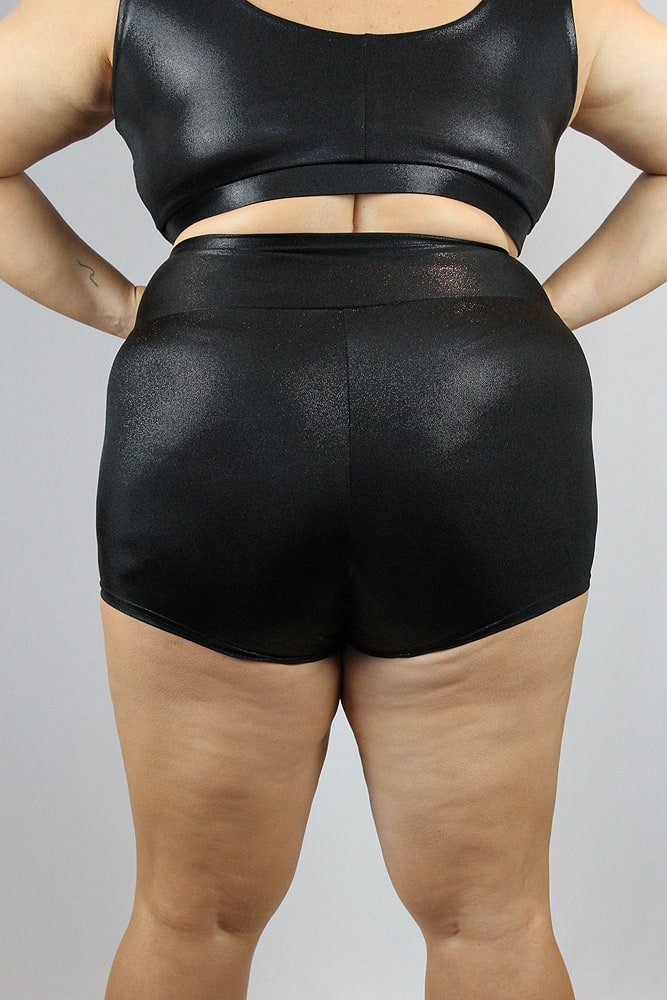 Black Sparkle High Waisted Cheeky Shorts  Plus Size - high waisted cheeky shorts - plus size - Velvet Door