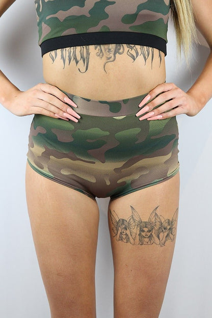 Camouflage High Waist Cheeky Shorts - high waisted cheeky shorts - Velvet Door
