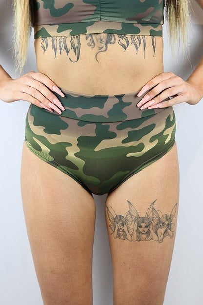 Camouflage High Waisted Brazil Scrunchie Bum Shorts | Pole Wear - high waisted brazil shorts - Velvet Door