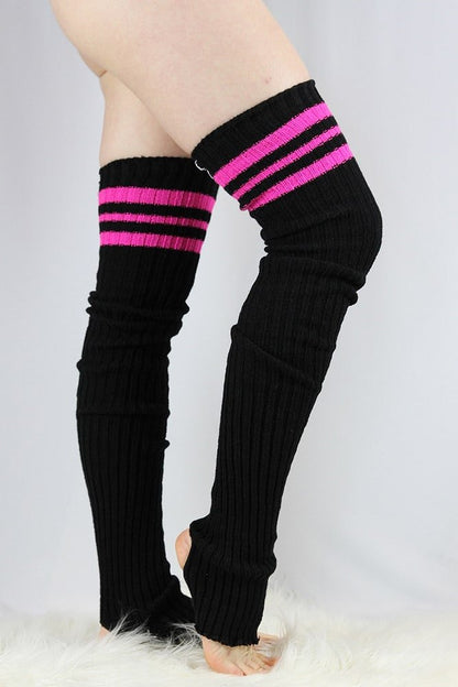 Football Extra Long Stirr-Up Knit Legwarmers Black/Pink - legwarmers - Velvet Door