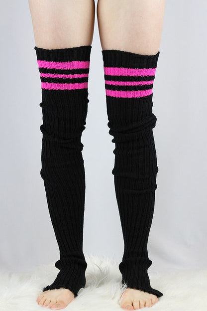 Football Extra Long Stirr-Up Knit Legwarmers Black/Pink - legwarmers - Velvet Door