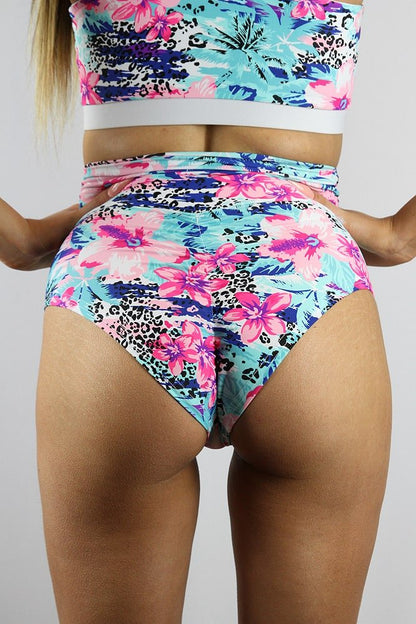 Hibiscus Super High Waisted Brazil Scrunchie Bum Shorts - high waisted brazil shorts - Velvet Door