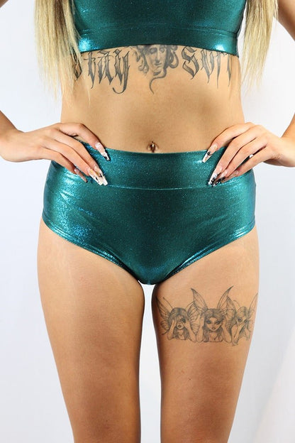 Jade Sparkle High Waisted Brazil Scrunchie Bum Shorts | Pole Wear - high waisted brazil shorts - Velvet Door