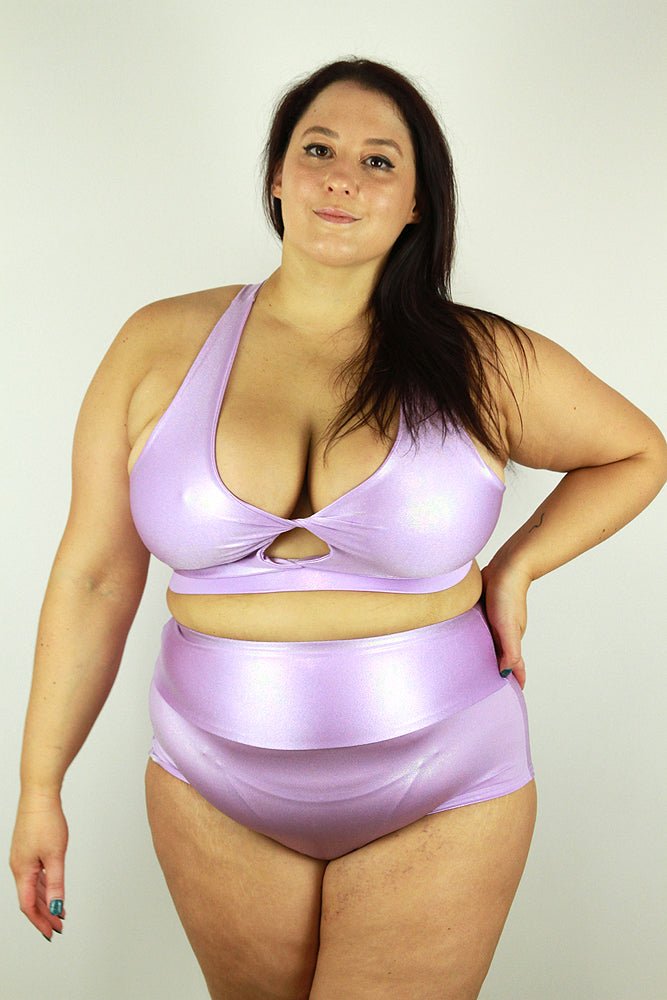 Lilac Sparkle High Waisted Brazil Scrunchie Bum Shorts - Plus Size | Pole Wear - high waisted brazil shorts - plus size - Velvet Door