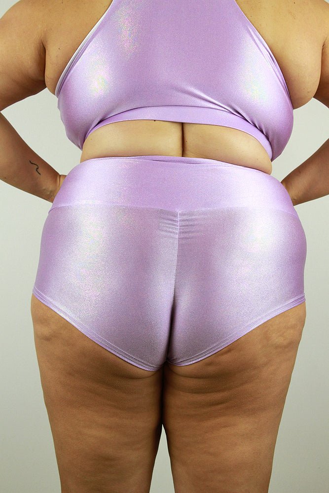 Lilac Sparkle High Waisted Brazil Scrunchie Bum Shorts - Plus Size | Pole Wear - high waisted brazil shorts - plus size - Velvet Door