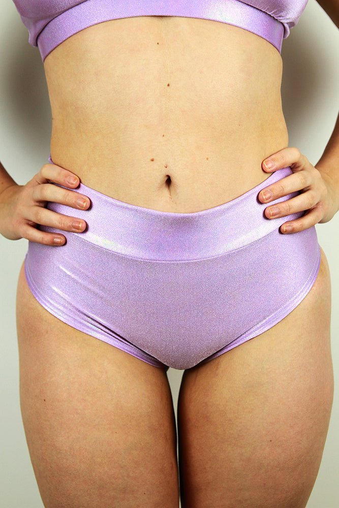 Lilac Sparkle High Waisted Brazil Scrunchie Bum Shorts | Pole Wear - high waisted brazil shorts - Velvet Door