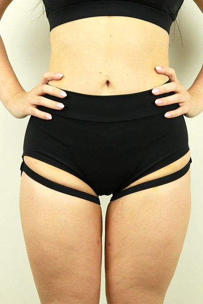 Matte Black Garter High Brazil Scrunchie Bum Shorts | Pole Wear - high waisted brazil shorts - Velvet Door