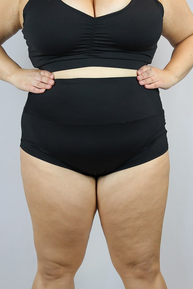 Matte Black High Waisted Brazil Scrunchie Bum Shorts - Plus Size | Pole Wear - high waisted brazil shorts - plus size - Velvet Door