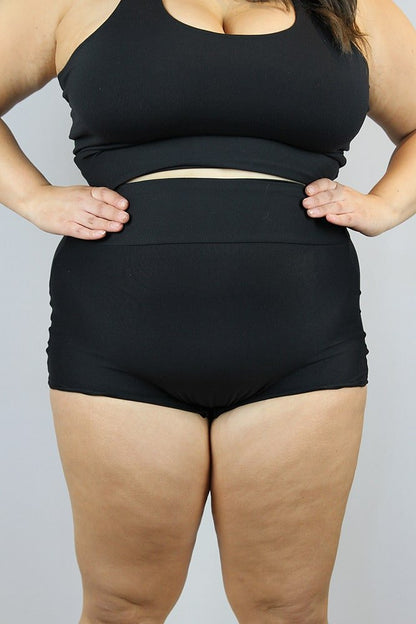Matte Black High Waisted Cheeky Shorts - Plus Size - high wasted cheeky shorts - plus size - Velvet Door