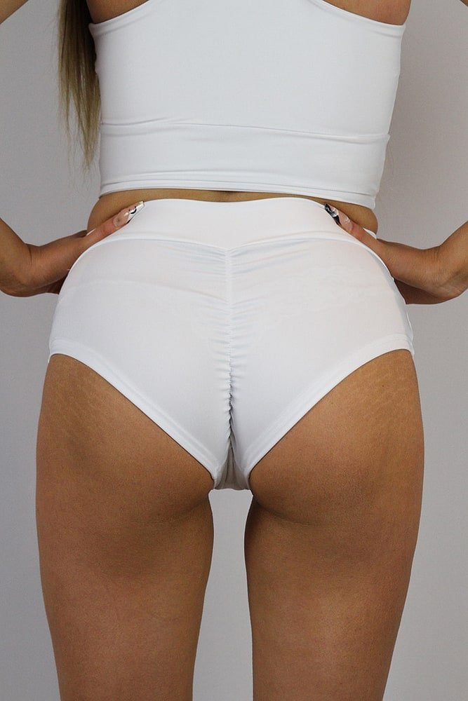 Matte White High Waisted Brazil Scrunchie Bum Shorts | Pole Wear - high waisted brazil shorts - Velvet Door