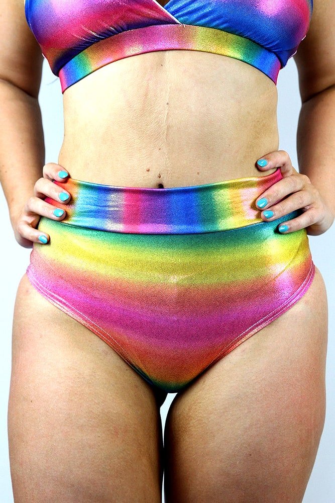 Rainbow Pride Sparkle High Waisted Brazil Scrunchie Bum Shorts | Pole Wear - high waisted brazil shorts - Velvet Door