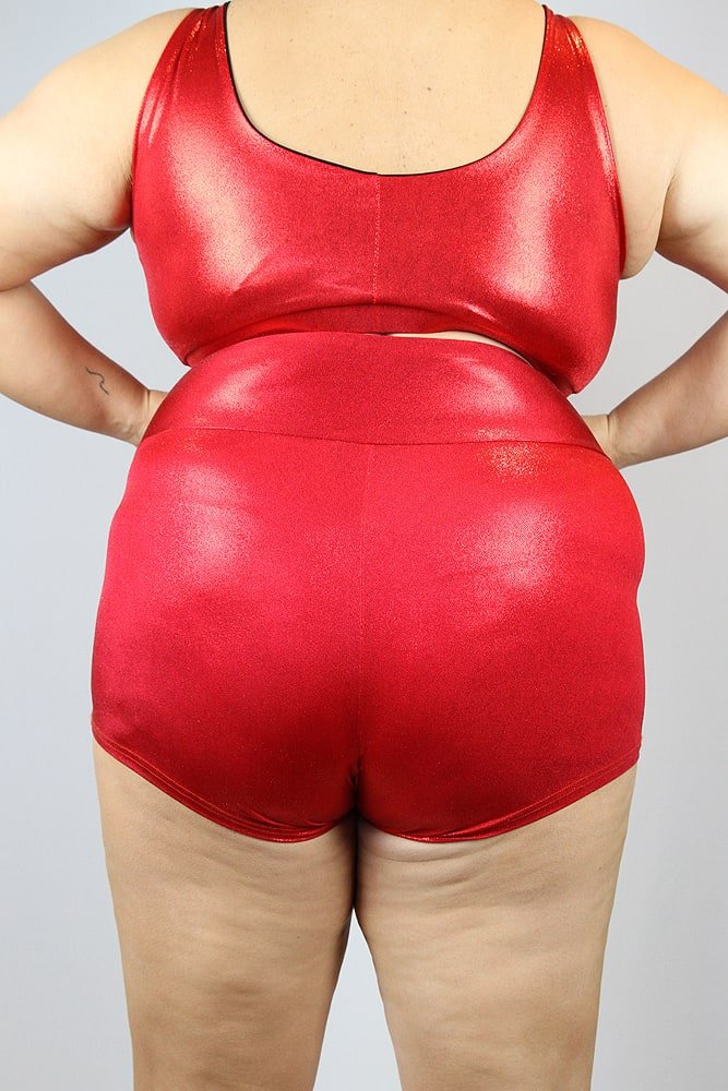 Red Sparkle High Waisted Cheeky Shorts - Plus Size - high waisted cheeky shorts - plus size - Velvet Door