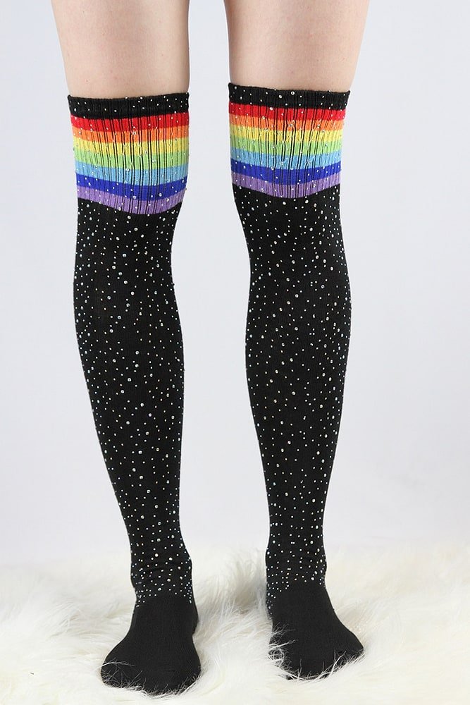 Rhinestone Knee High Football Socks Black Rainbow - socks - Velvet Door