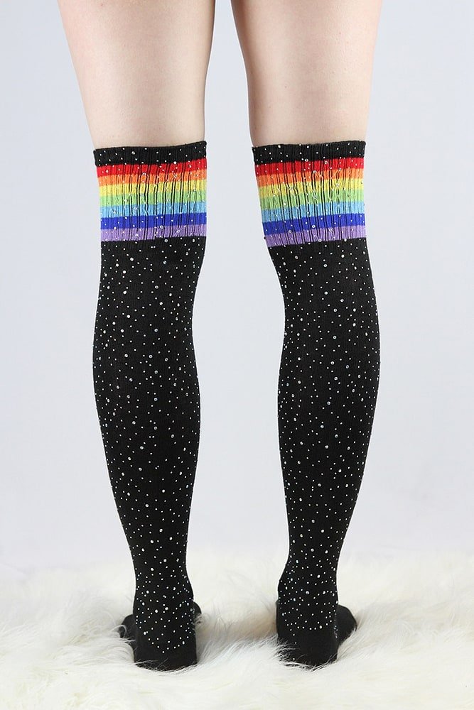 Rhinestone Knee High Football Socks Black Rainbow - socks - Velvet Door