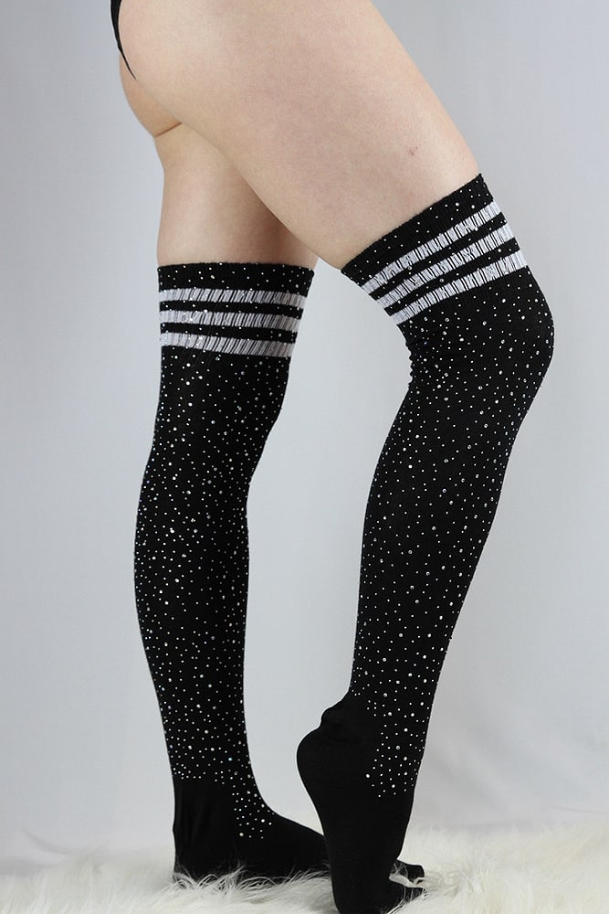 Rhinestone Knee High Football Socks Black White - socks - Velvet Door