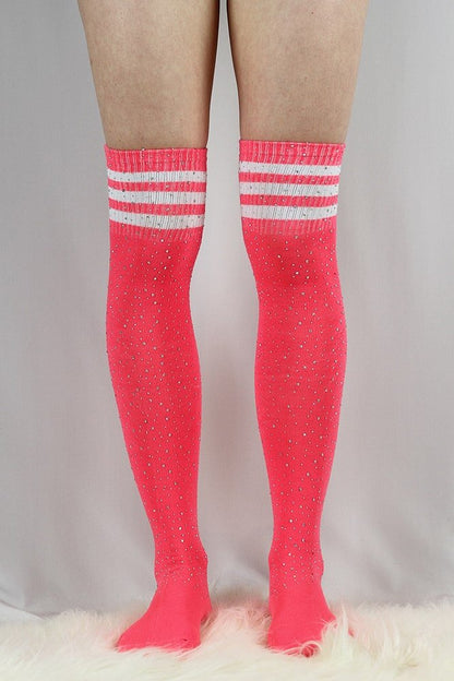 Rhinestone Knee High Football Socks Pink - socks - Velvet Door