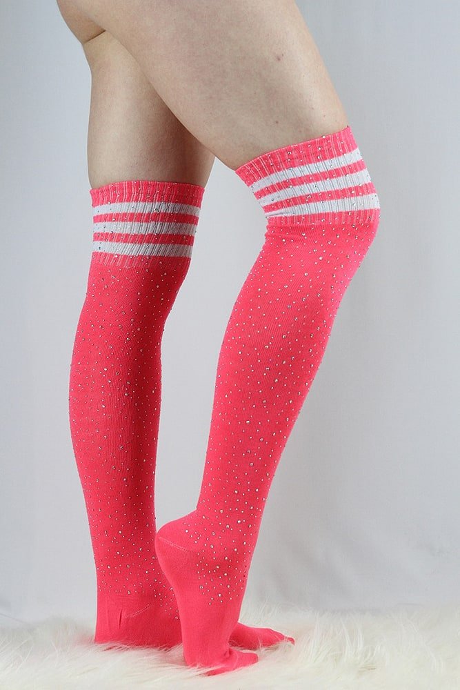 Rhinestone Knee High Football Socks Pink - socks - Velvet Door
