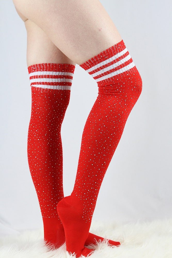 Rhinestone Knee High Football Socks Red - socks - Velvet Door
