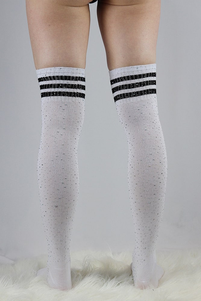 Rhinestone Knee High Football Socks White Black - socks - Velvet Door