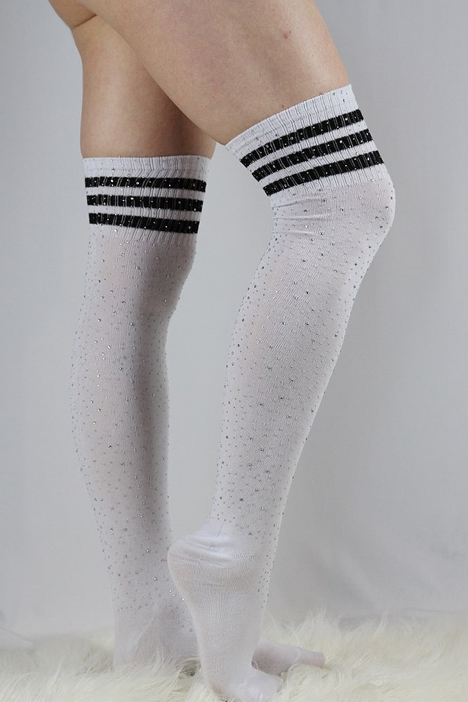 Rhinestone Knee High Football Socks White Black - socks - Velvet Door