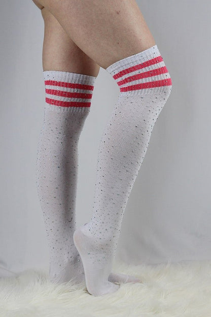 Rhinestone Knee High Football Socks White Pink - socks - Velvet Door