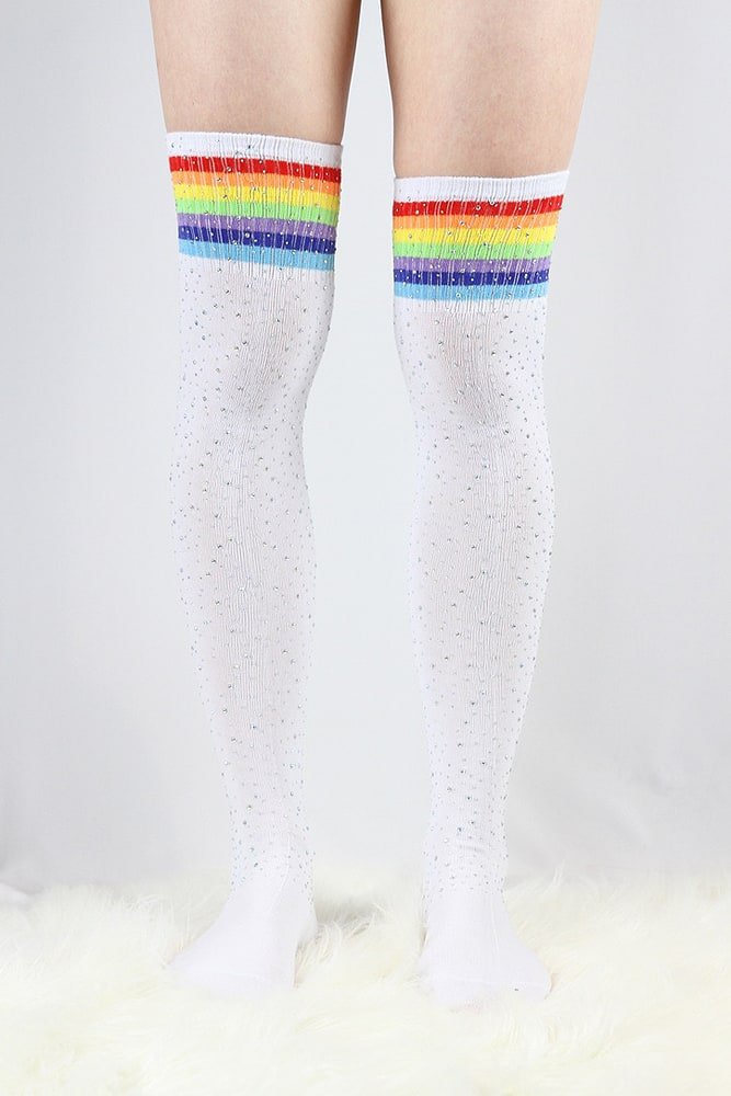 Rhinestone Knee High Football Socks White Rainbow - socks - Velvet Door