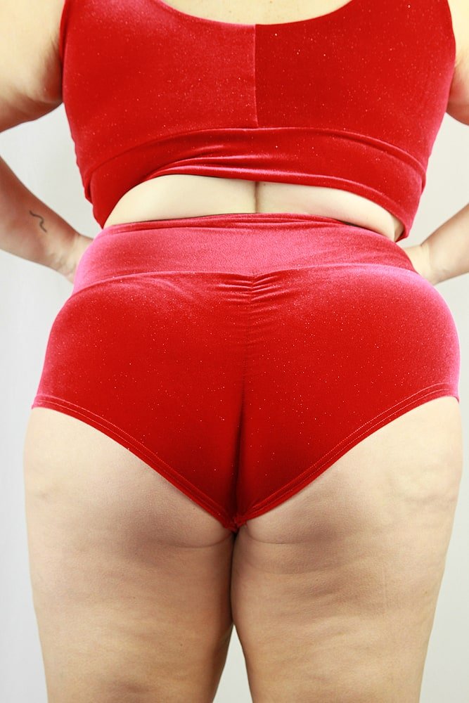 Velveteratti Red High Waisted Brazil Scrunchie Bum Shorts - Plus Size | Pole Wear - high waisted brazil shorts - plus size - Velvet Door
