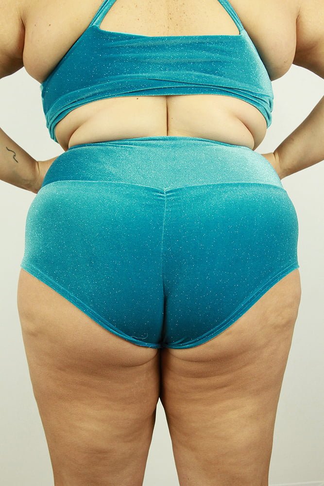 Velveteratti Turquoise High Waisted Brazil Scrunchie Bum Shorts - Plus Size | Pole Wear - high waisted brazil shorts - plus size - Velvet Door