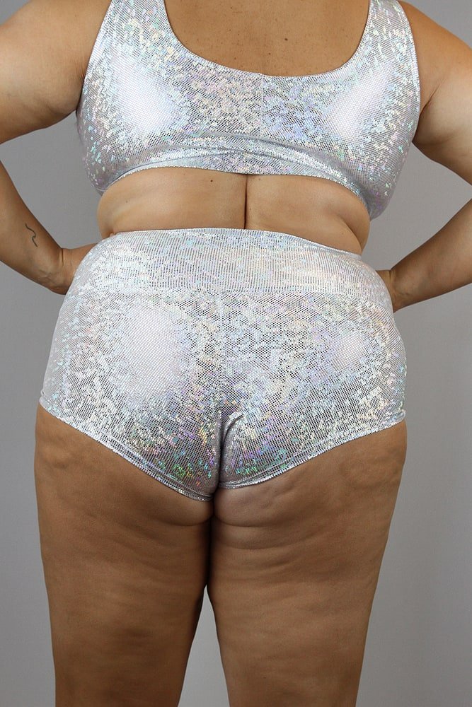 White Sparkle High Waisted Brazil Scrunchie Bum Shorts - Plus Size | Pole Wear - high waisted brazil shorts - plus size - Velvet Door