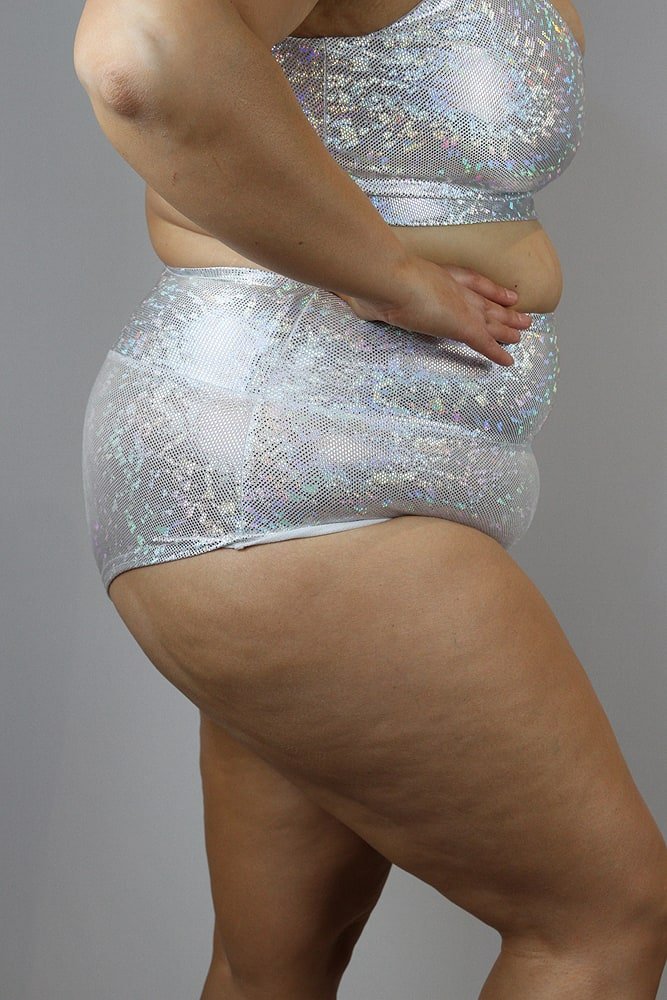 White Sparkle High Waisted Brazil Scrunchie Bum Shorts - Plus Size | Pole Wear - high waisted brazil shorts - plus size - Velvet Door