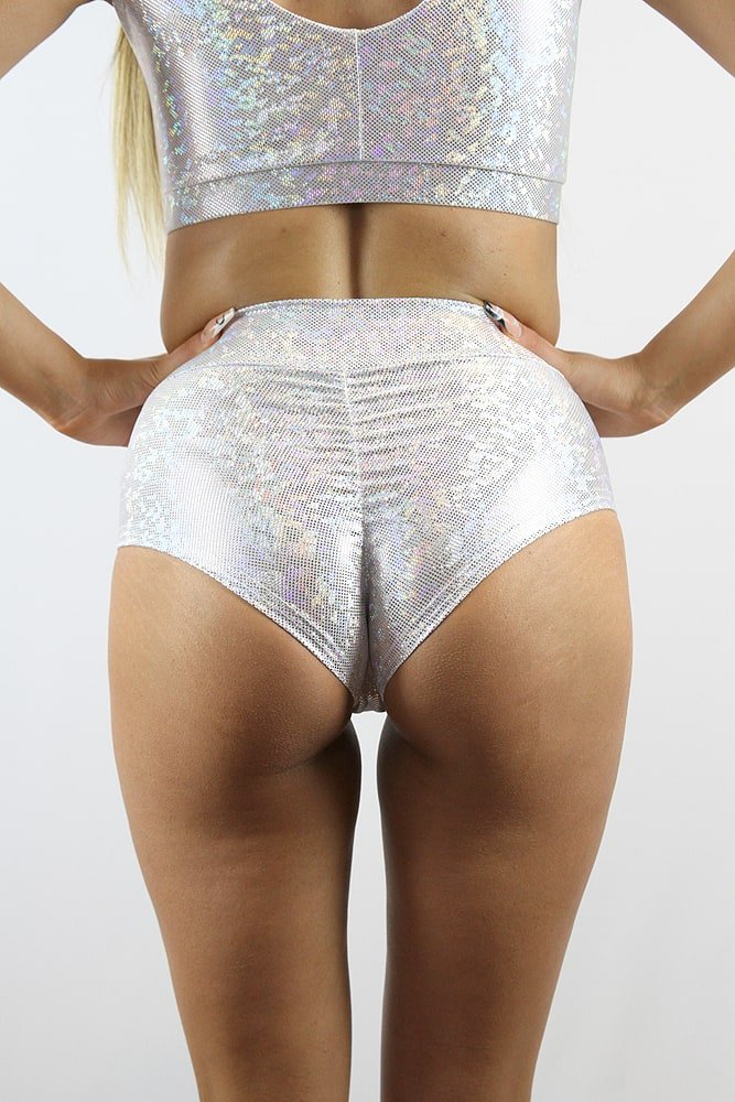 White Sparkle High Waisted Brazil Scrunchie Bum Shorts | Pole Wear - high waisted brazil shorts - Velvet Door