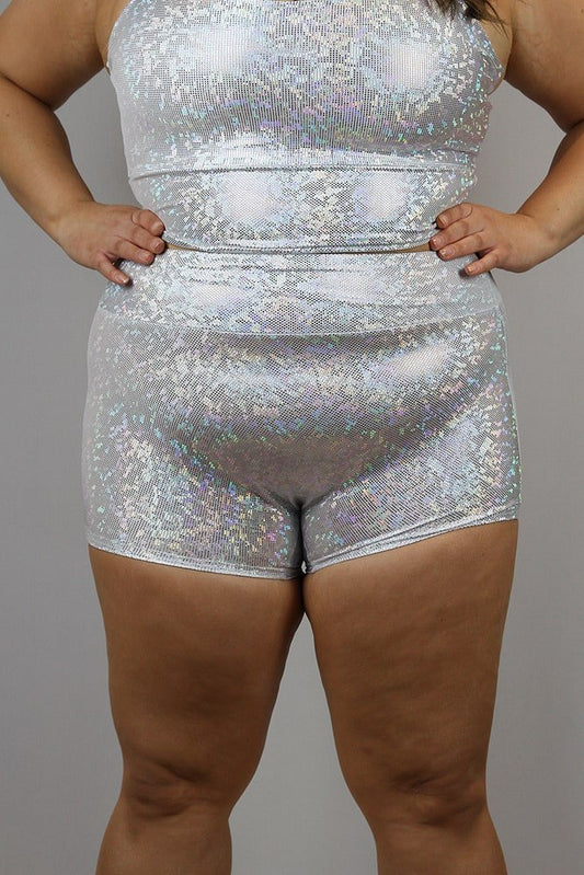 White Sparkle High Waisted Cheeky Shorts - Plus Size - high waisted cheeky shorts - plus size - Velvet Door